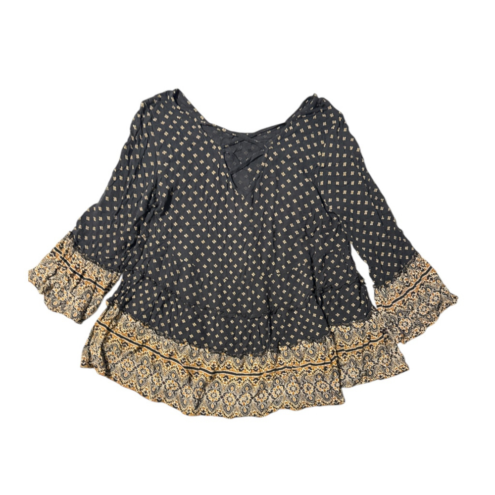American Eagle Boho Top Crisscross Detail Black Brown Aztec Size L